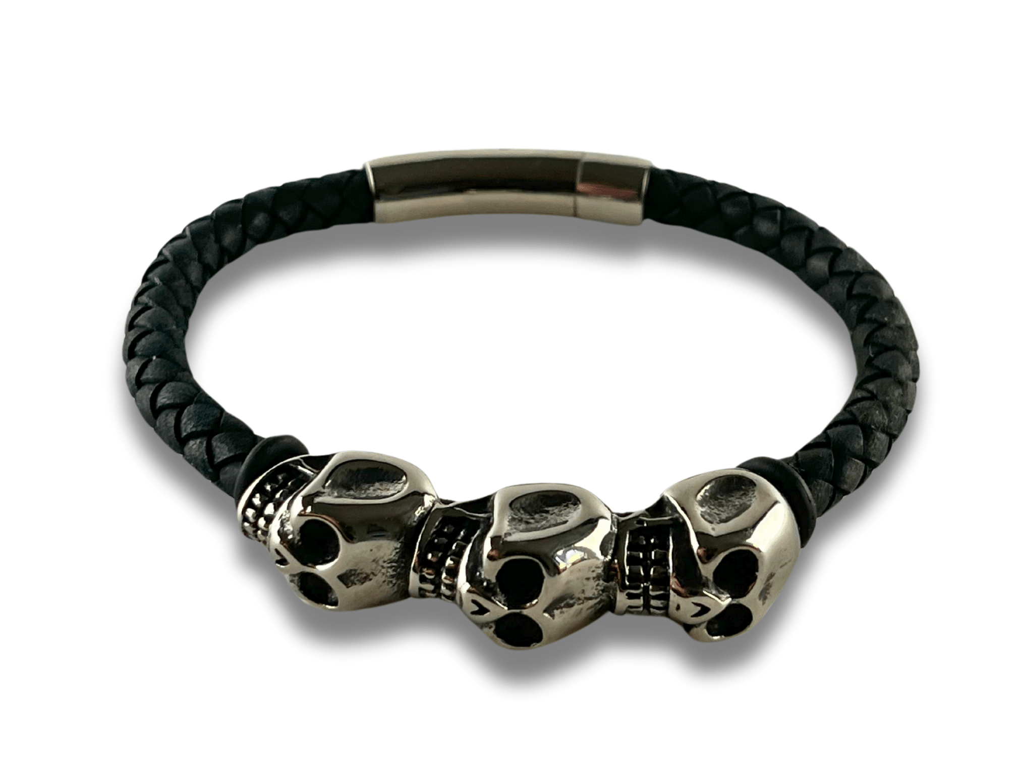 Bracelet en Cuir avec Crânes Argentés - Hades