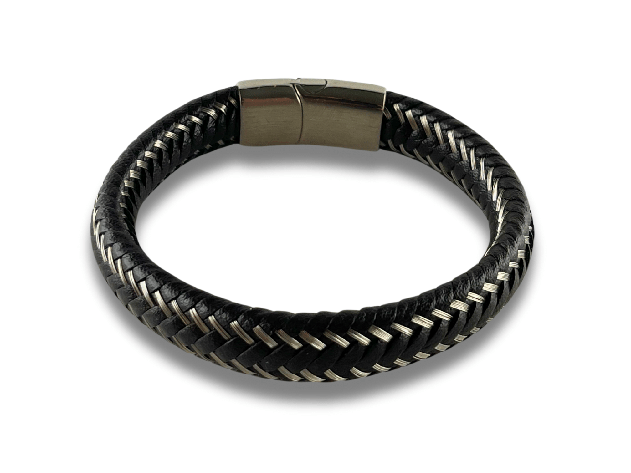 Bracelet en Cuir Noir à Mailles Métalliques - Cassian