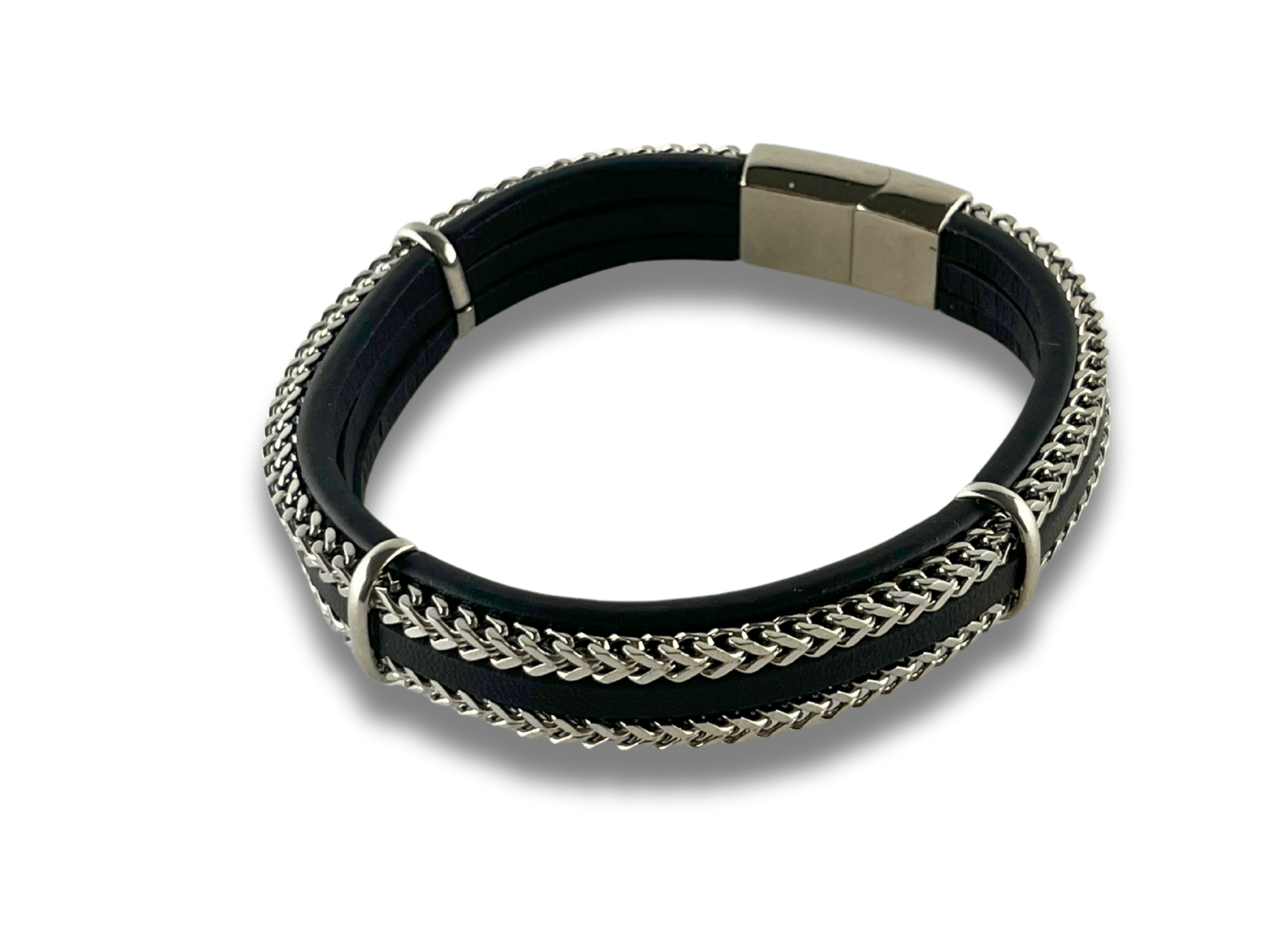 Bracelet en Cuir Noir à Double Chaîne - Fenrir