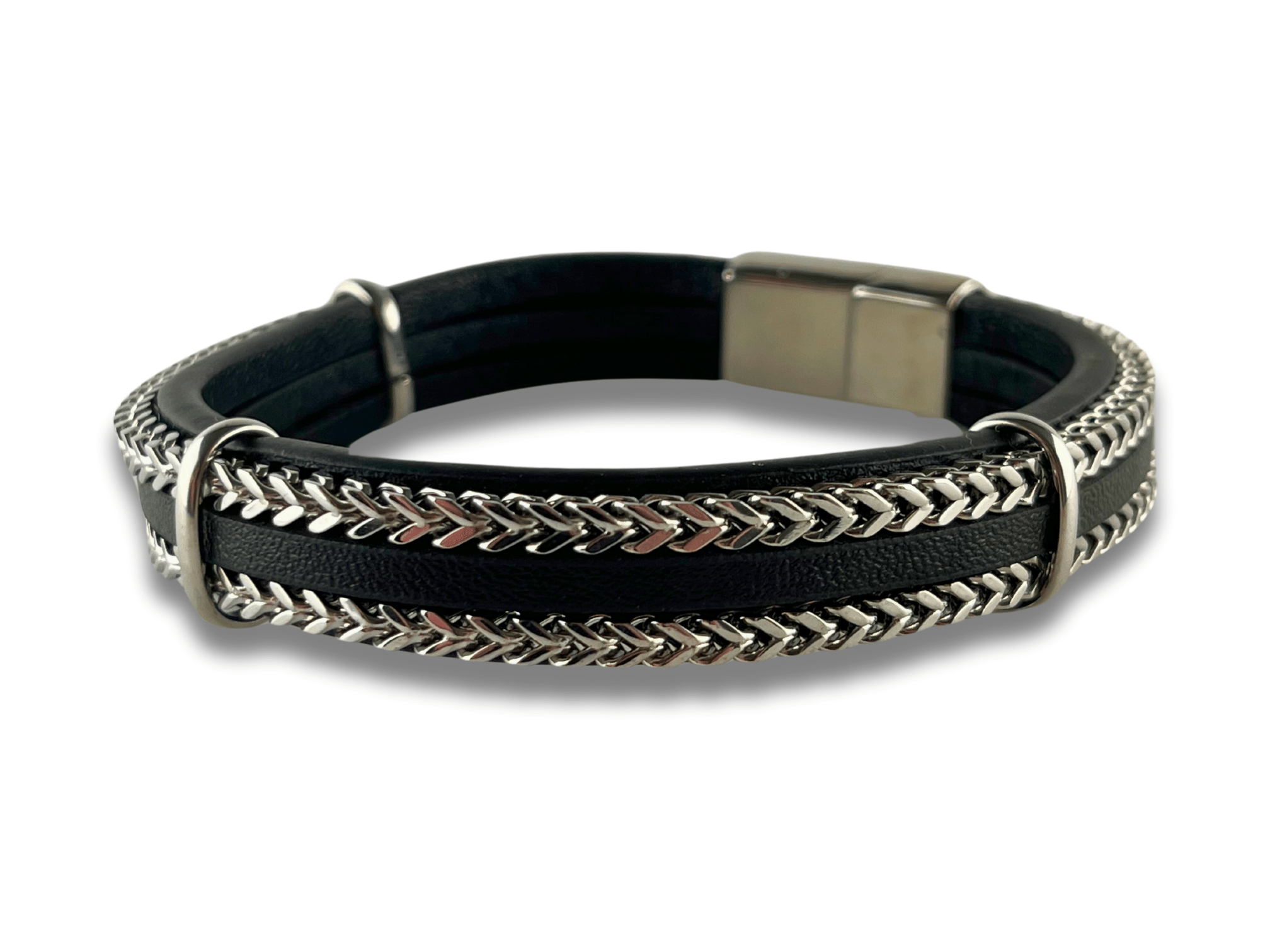 Bracelet en Cuir Noir à Double Chaîne - Fenrir